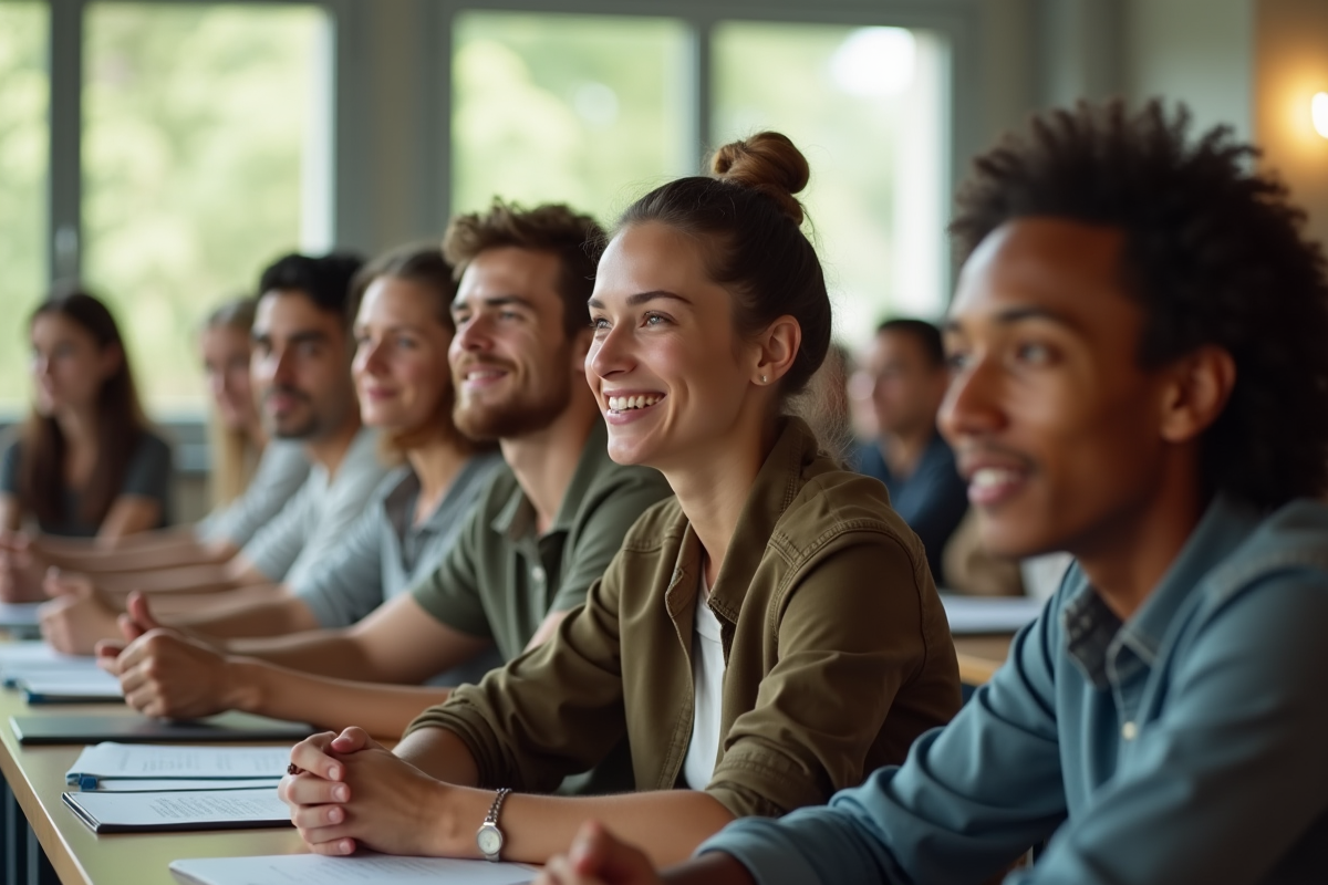 Groupe d adultes attentifs dans une salle de classe ensoleillee