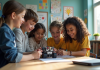 Groupe d'élèves et enseignant construisant un robot en classe