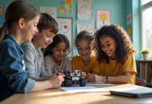 Groupe d'élèves et enseignant construisant un robot en classe