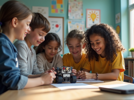 Exemple d’apprentissage expérientiel en classe : comment le mettre en œuvre efficacement ? Groupe d'élèves et enseignant construisant un robot en classe