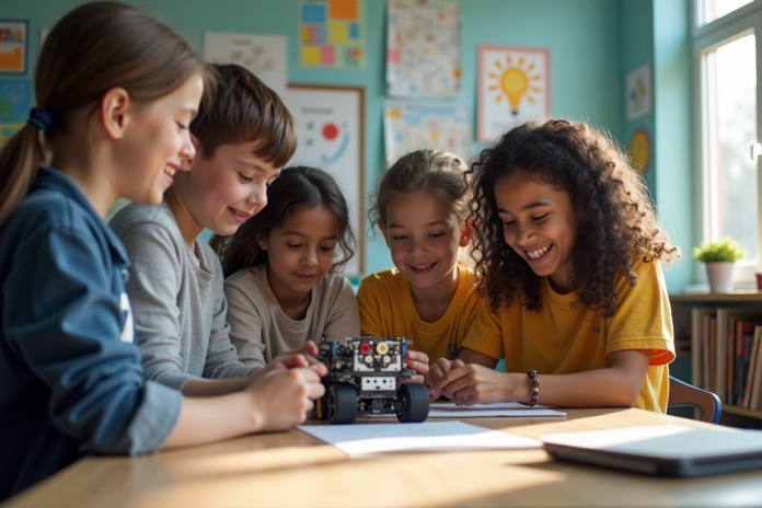 Groupe d'élèves et enseignant construisant un robot en classe