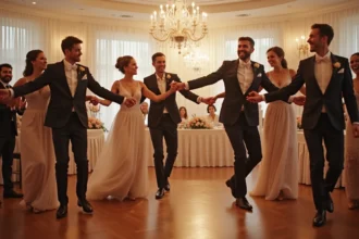 Groupe de mariés dansant le sirtaki lors d'un mariage élégant