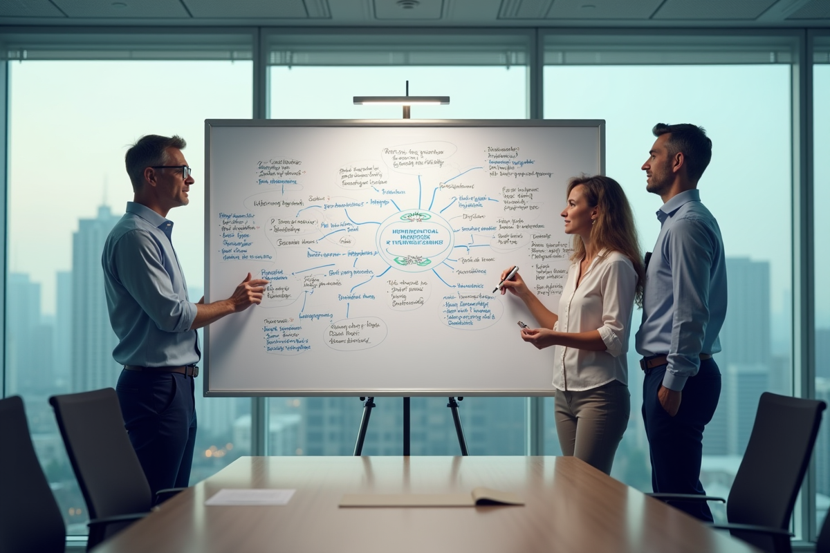 Groupe de trois personnes en discussion autour d