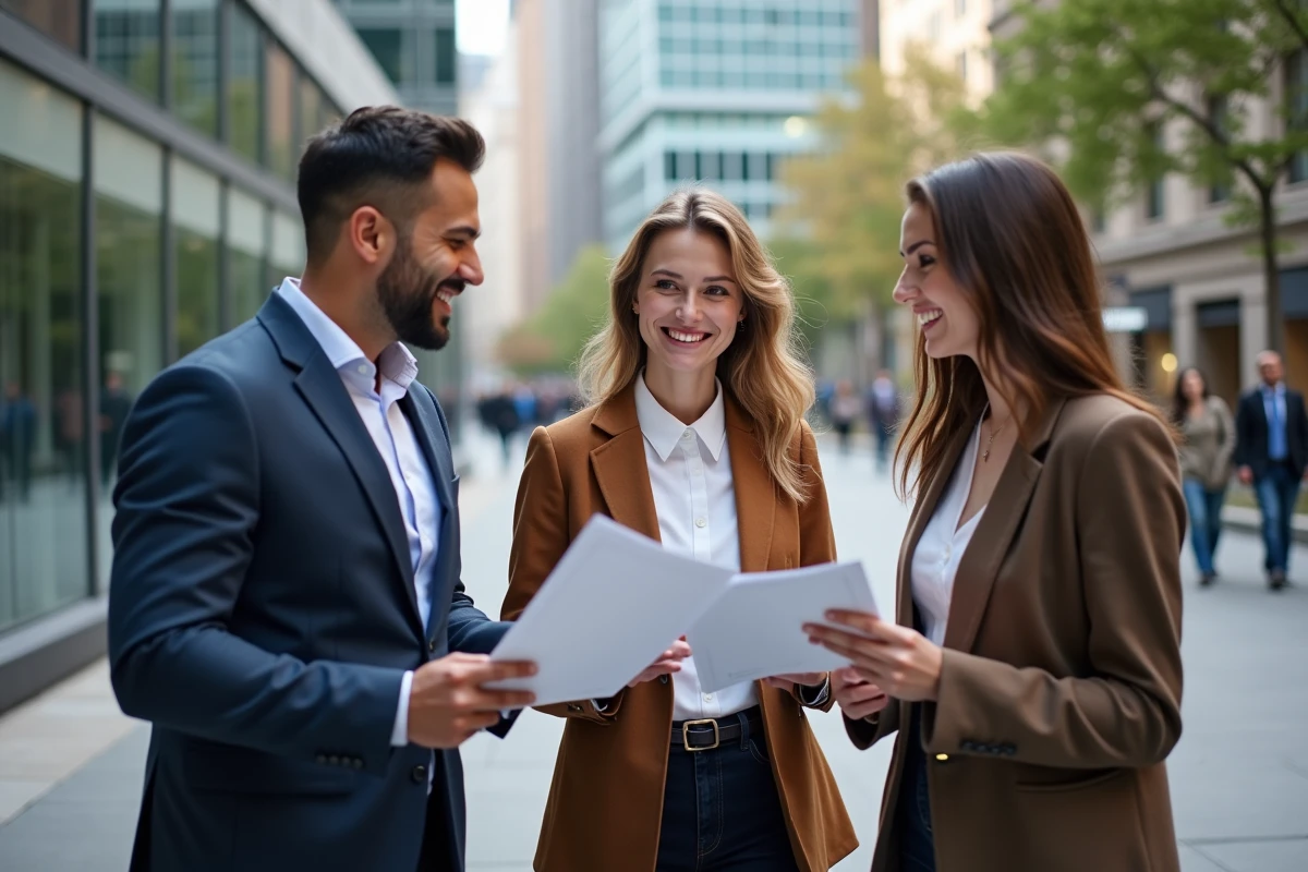 Trois adultes discutant de formations professionnelles en ville