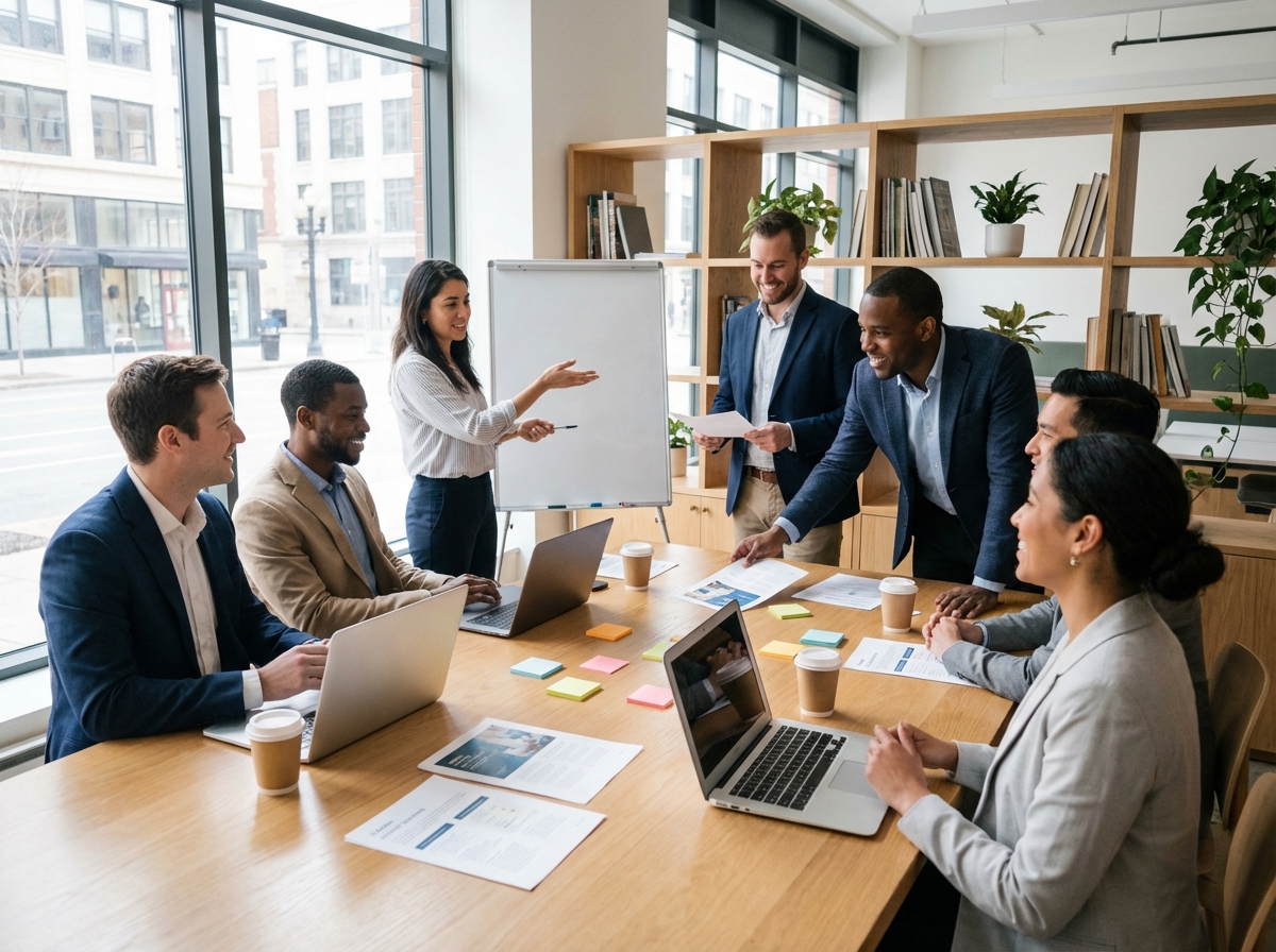 Groupe divers de professionnels en atelier collaboratif