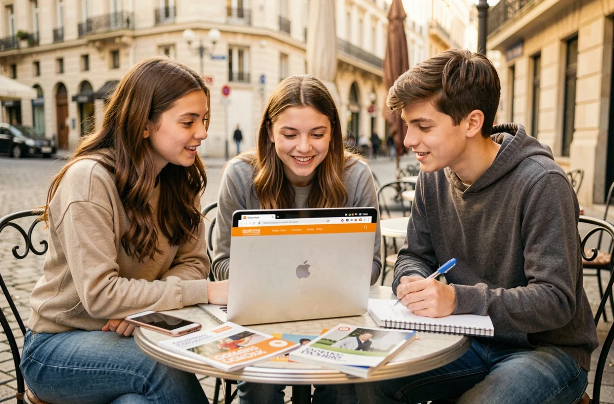 Groupe de lycéens consultant le site de l'école Gobelins en terrasse de café pour choisir leur parcours post-bac