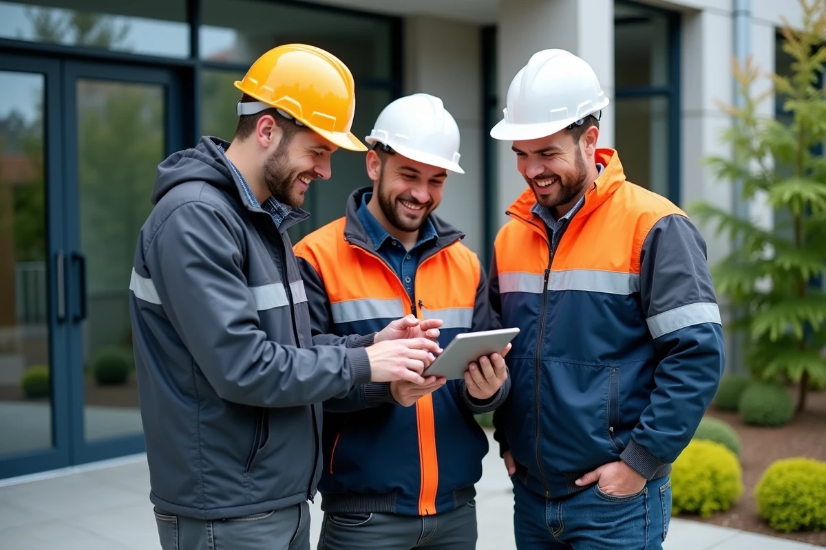 Groupe d'ouvriers BTP discutant des certifications professionnelles CPF devant un centre de formation