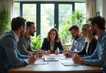 Groupe de professionnels en réunion dans un bureau moderne