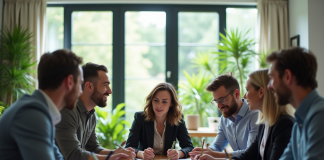 Groupe de professionnels en réunion dans un bureau moderne