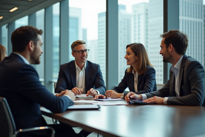 groupe-professionnels-conference Groupe de professionnels en réunion dans un bureau moderne