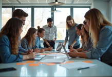 Groupe de professionnels collaborant en équipe dans un bureau moderne