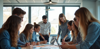 Groupe de professionnels collaborant en équipe dans un bureau moderne