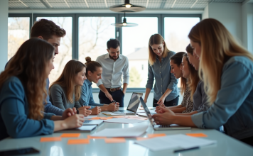 Groupe de professionnels collaborant en équipe dans un bureau moderne