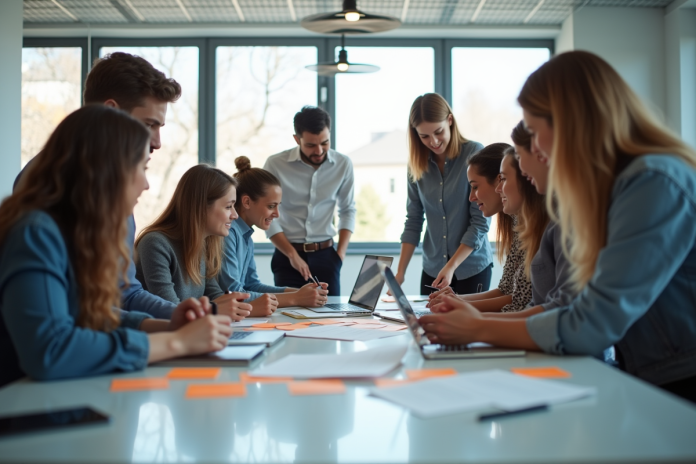 Groupe de professionnels collaborant en équipe dans un bureau moderne