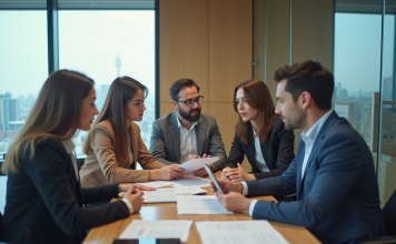 Composants de la communication : principaux éléments à connaître en 2025 Groupe de quatre adultes en réunion de travail moderne