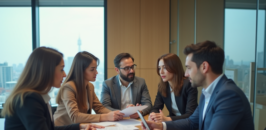 Composants de la communication : principaux éléments à connaître en 2025 Groupe de quatre adultes en réunion de travail moderne