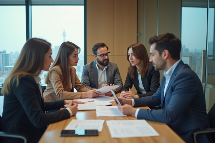 groupe-reunion-bureau Groupe de quatre adultes en réunion de travail moderne