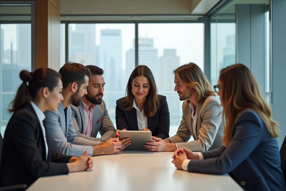 Groupe de professionnels en discussion dans une salle moderne