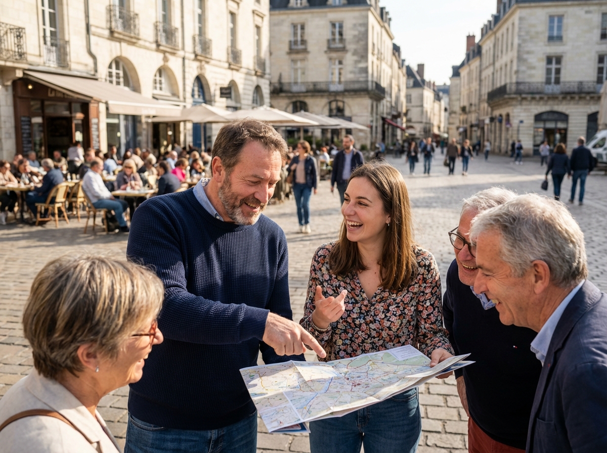Groupe de personnes souriantes consultant une carte en ville