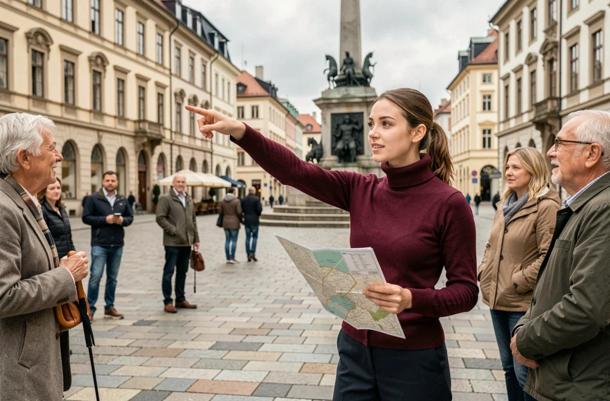 Guide touristique diplômée animant une visite guidée dans une place historique européenne pour un groupe de touristes
