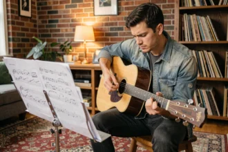 Jeune guitariste débutant lisant une tablature de Let It Be sur un pupitre dans un salon chaleureux