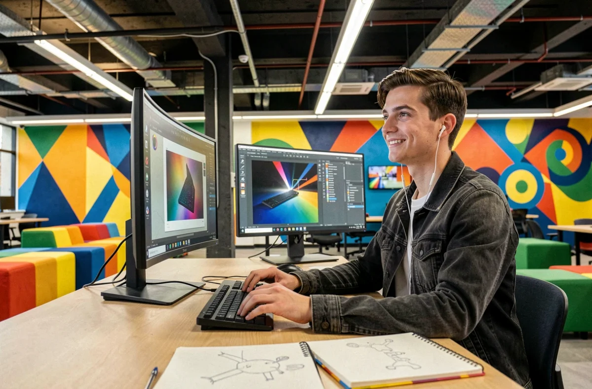 Étudiant travaillant sur un poste informatique dans l'espace créatif et dynamique du H3 Campus