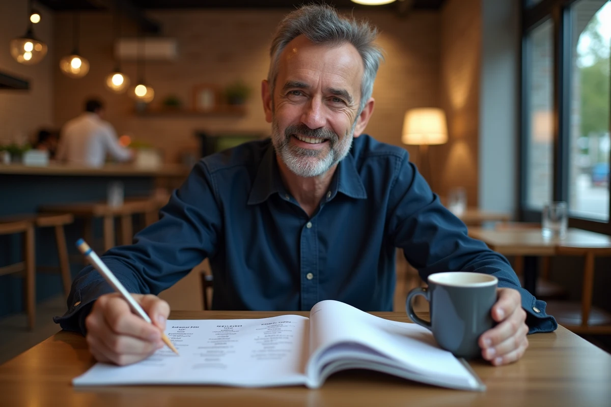 Homme adulte qui révise des verbes irréguliers du 3ème groupe en français langue étrangère dans un café