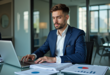 Analyste financier : quel diplôme choisir pour cette profession en France ? Jeune homme d'affaires en costume bleu analyse des graphiques financiers
