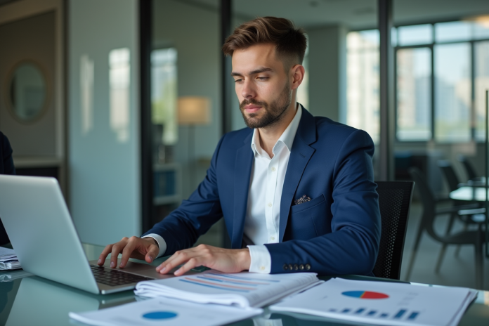 homme-affaires-finance-bureau Jeune homme d'affaires en costume bleu analyse des graphiques financiers