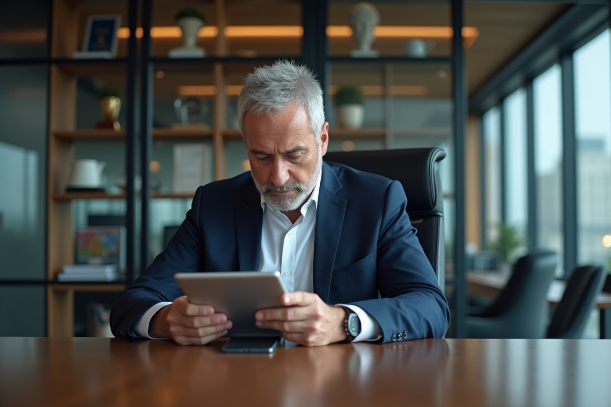 Homme d affaires analysant des données financières sur une tablette