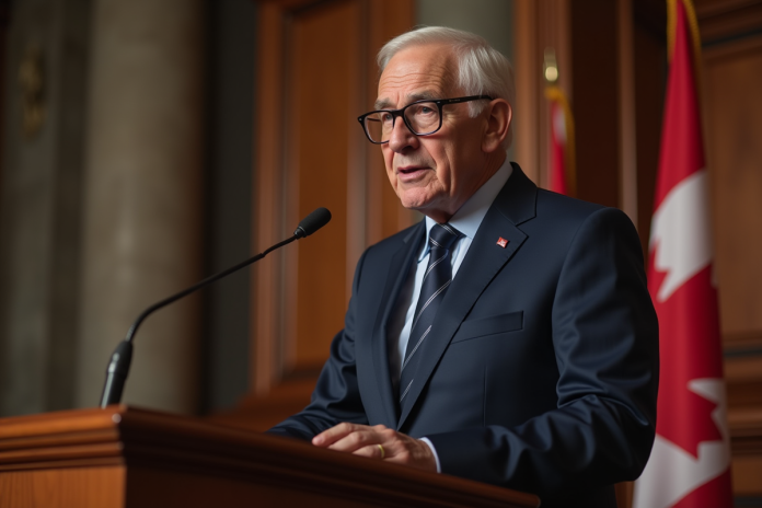 Homme agee en costume navy parlant au Quebec