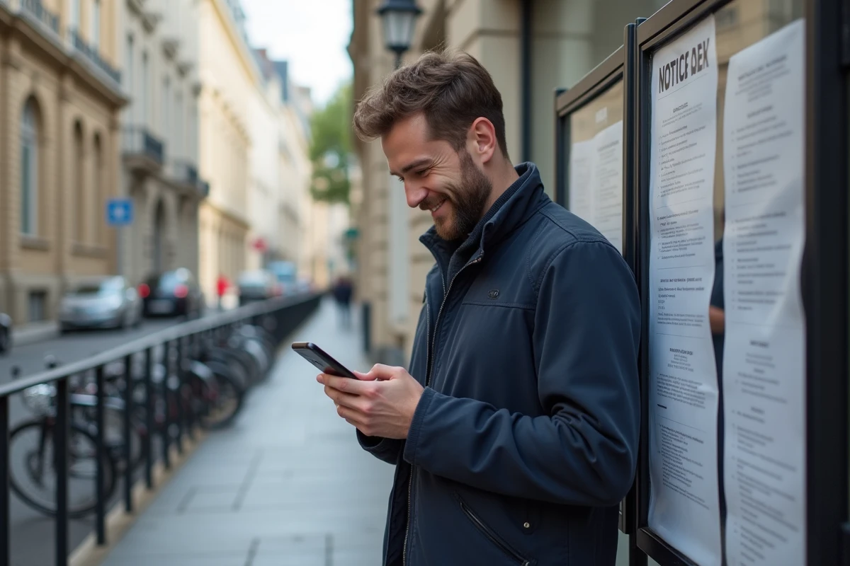 Homme vérifiant ses messages devant un bâtiment municipal à Amiens