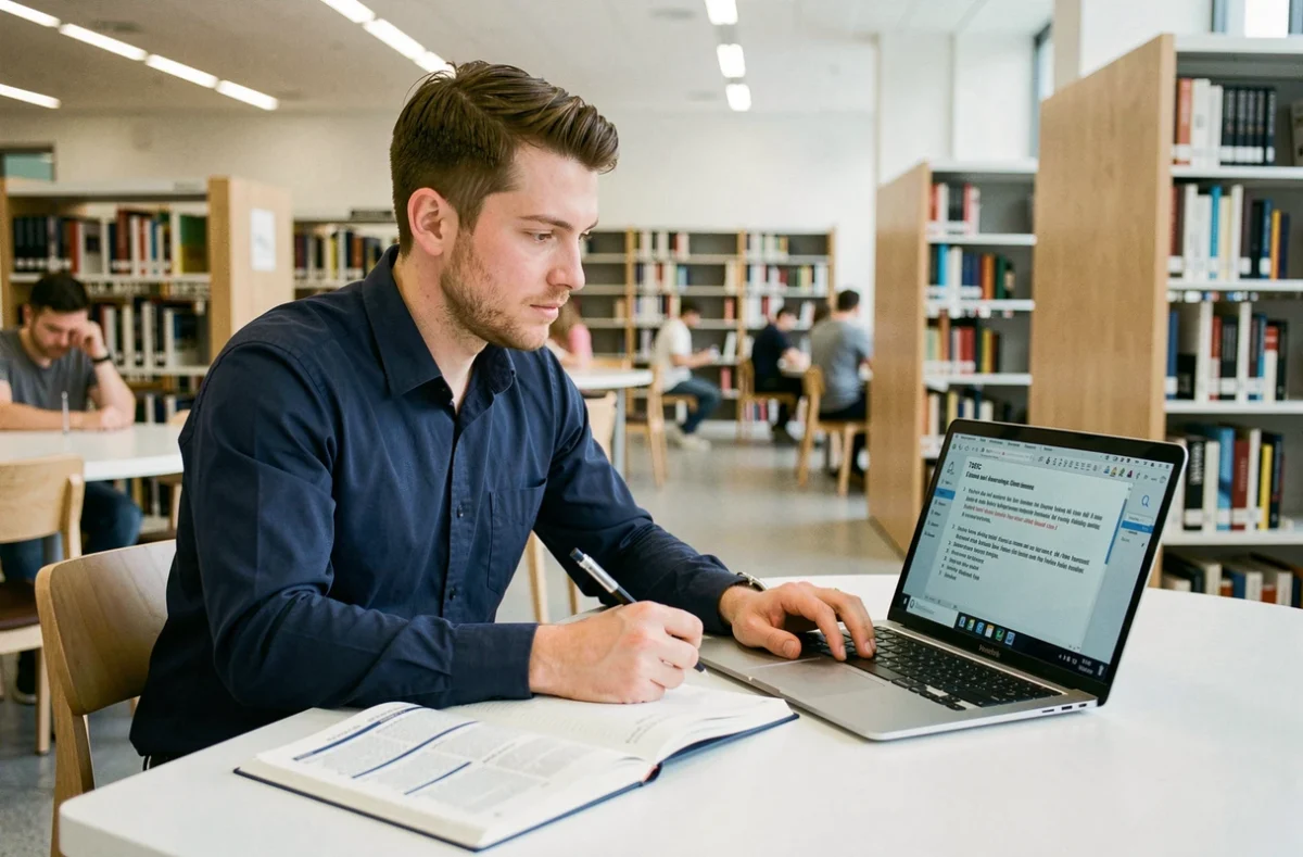 Homme en bibliothèque préparant le TOEIC avec un livre officiel corrigé et un ordinateur portable