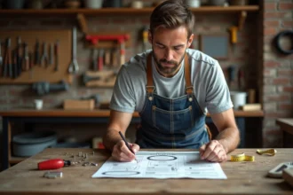 Homme en tablier de bricolage étudiant un tutoriel sur un établi en bois dans un atelier de maison