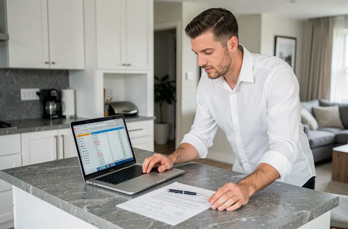 Homme consultant un tableau de calcul de moyenne avec coefficient sur un ordinateur portable dans une cuisine moderne