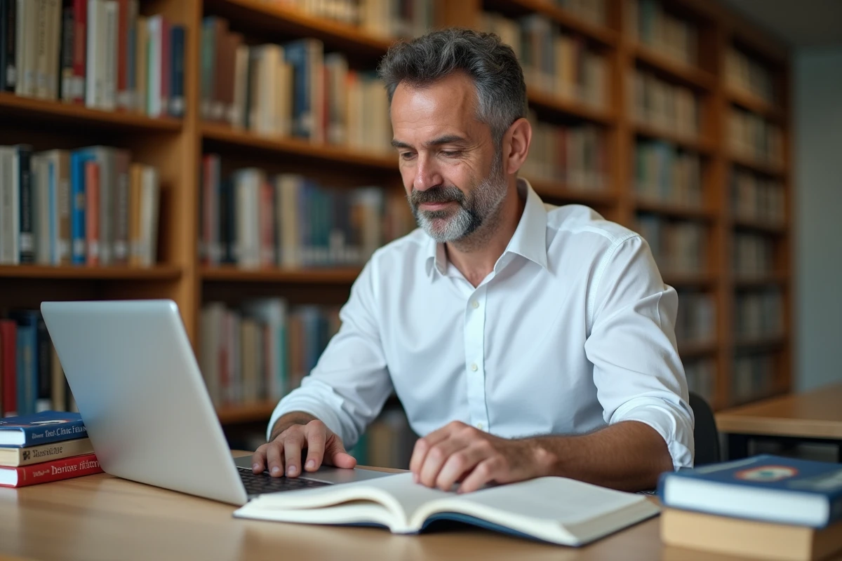 Homme étudiant le guide de naturalisation française dans une bibliothèque publique avec un ordinateur portable