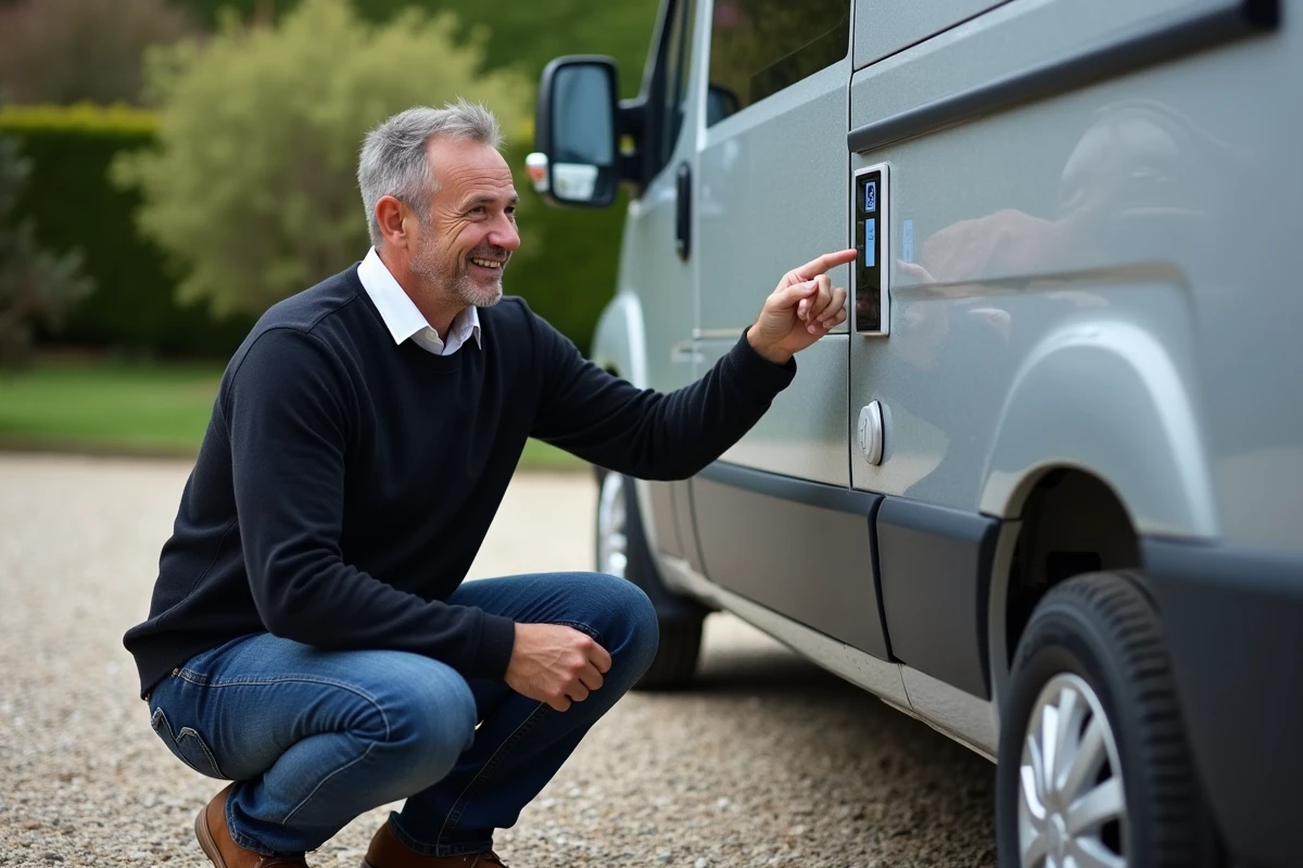 Homme vérifiant le panneau de contrôle extérieur du campervan