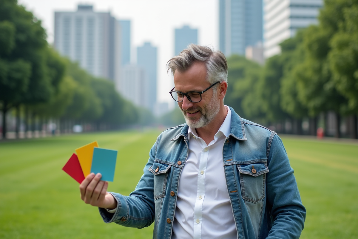 Homme dans le parc tenant des cartes de choix