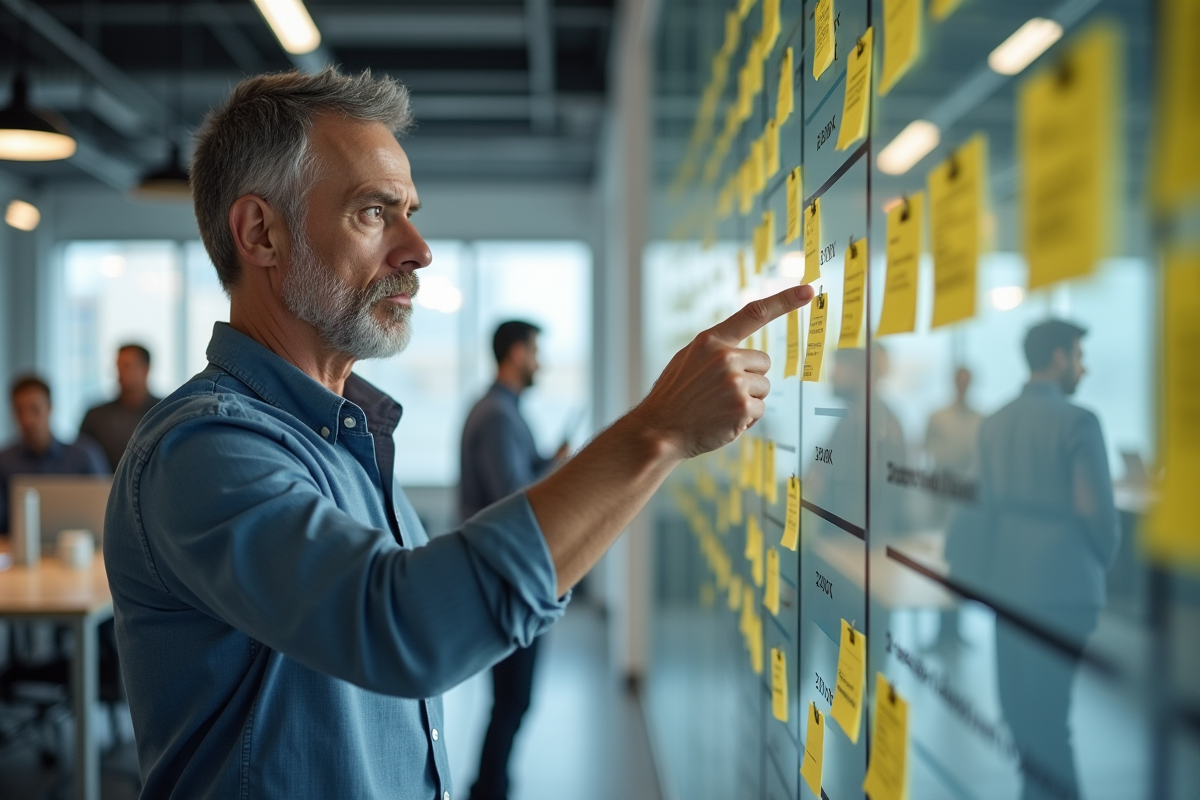 Homme d affaires pointant un tableau de notes et de timelines