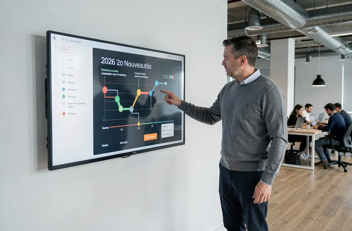 Homme présentant les nouveautés 2026 sur un écran interactif dans un espace de co-working