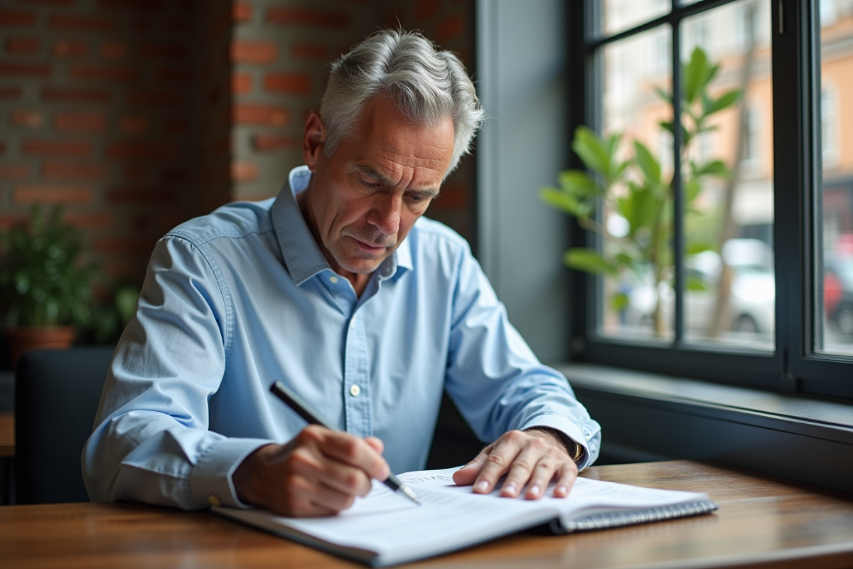Homme examinant des notes dans un café lumineux