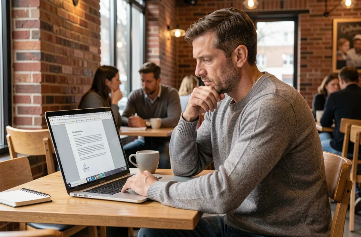 Homme en reconversion professionnelle relisant la fin de sa lettre de motivation dans un café avec son ordinateur portable