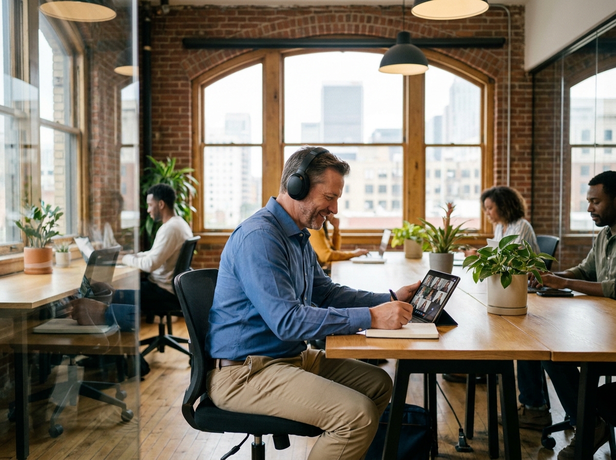 Homme en réunion virtuelle dans un espace de coworking urbain