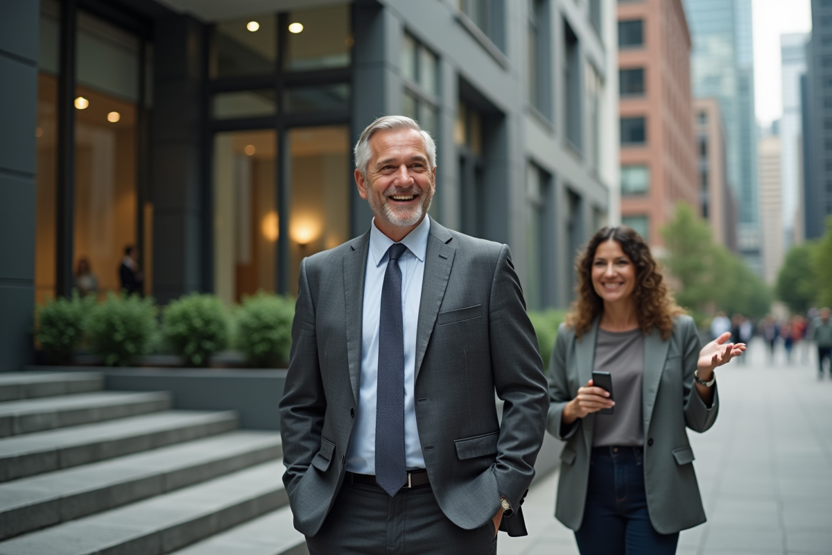 Homme d affaires souriant devant un bâtiment de bureau en ville