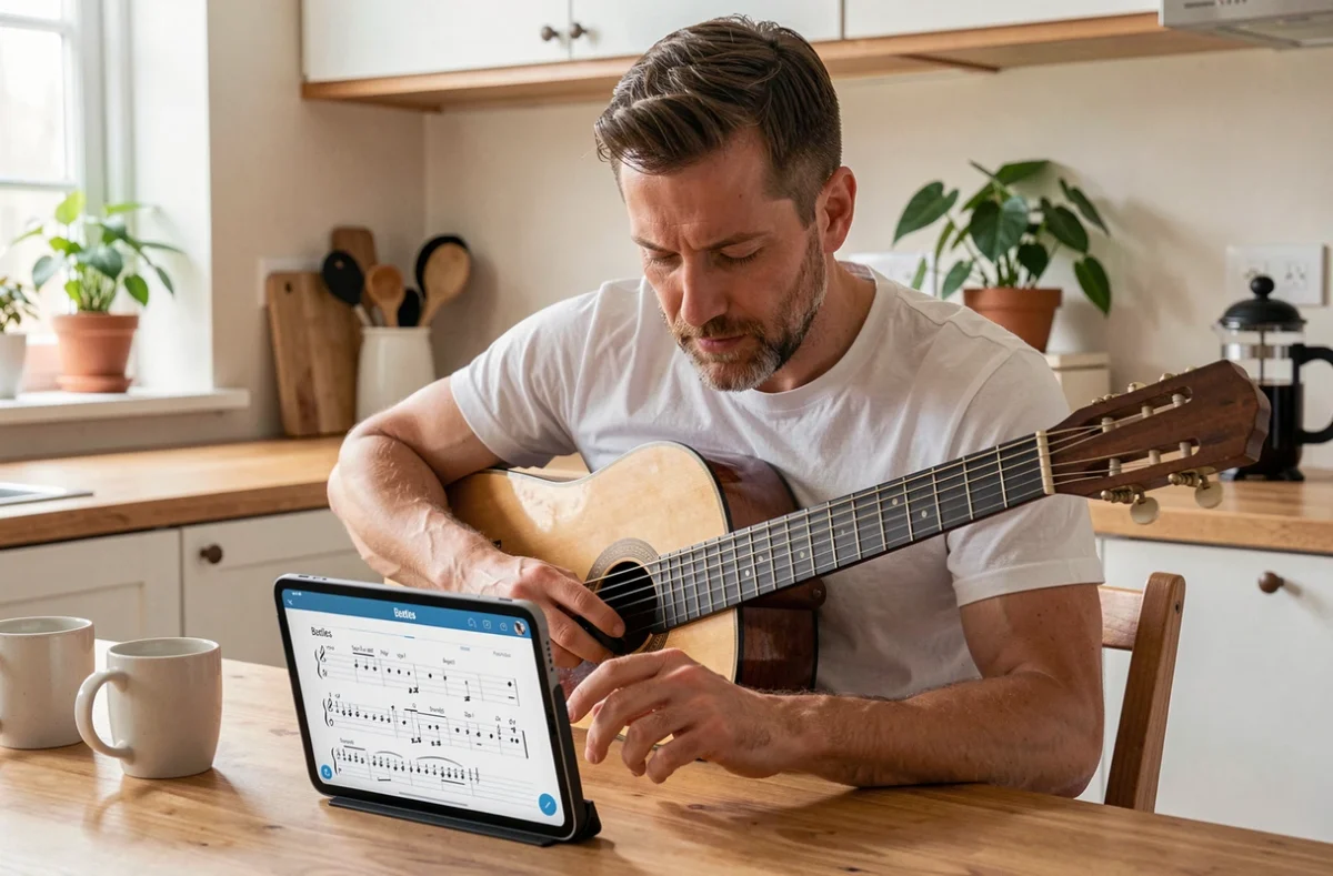 Homme adulte consultant une application de tablature guitare sur tablette pour apprendre Let It Be des Beatles