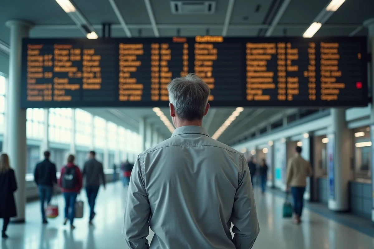 Homme lisant un tableau de départ en gare affichant des horaires en format AM et PM