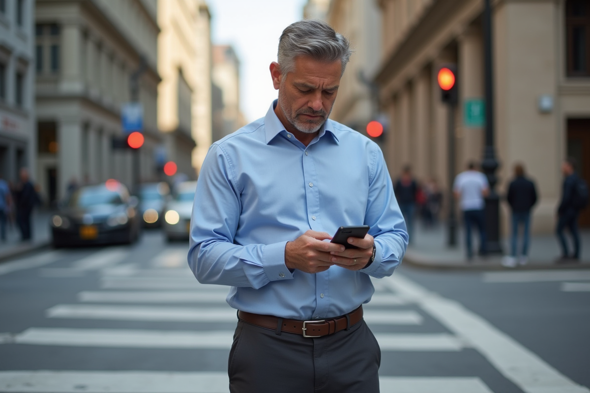 Homme d age moyen regardant son smartphone dans la rue