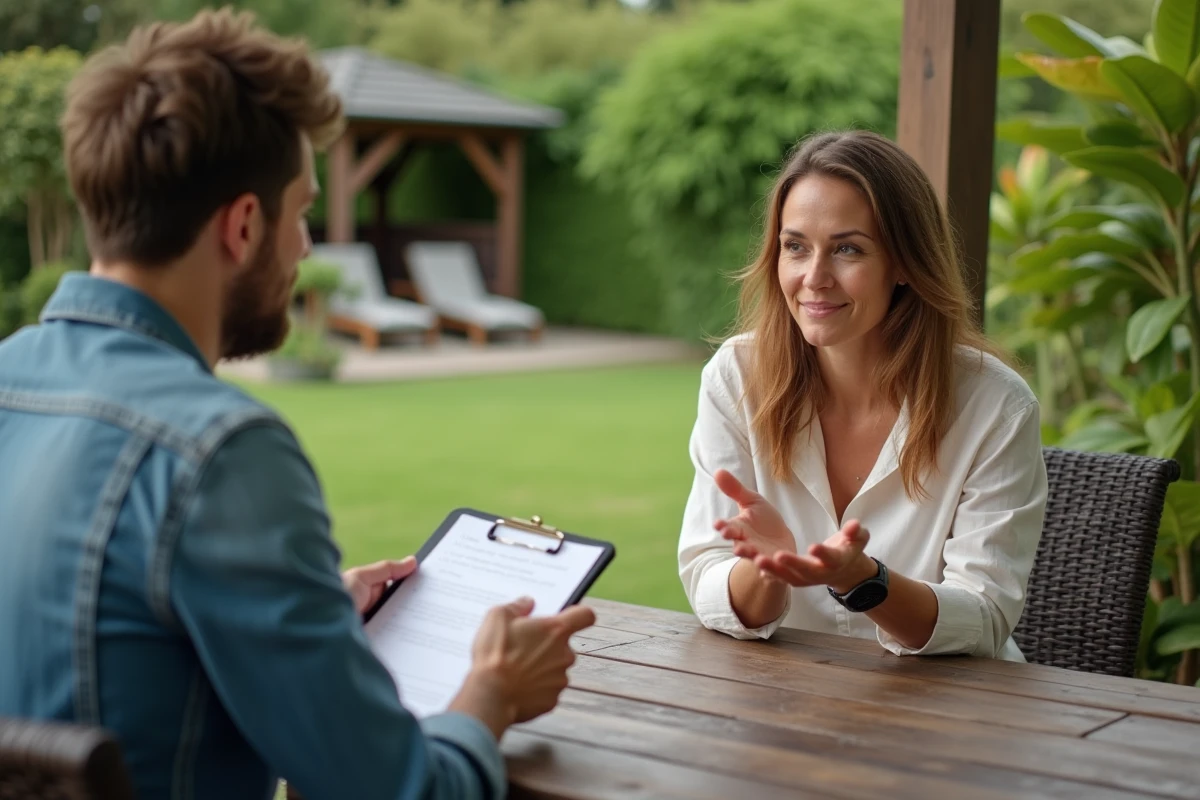 Jeune hypnotherapeute observant une femme dans un jardin
