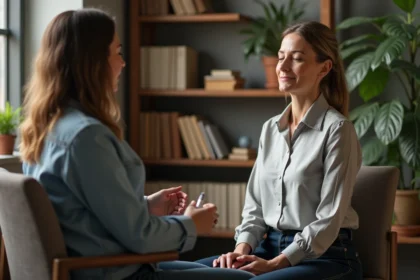 Hypnotherapeute femme guidant un homme relaxe en consultation