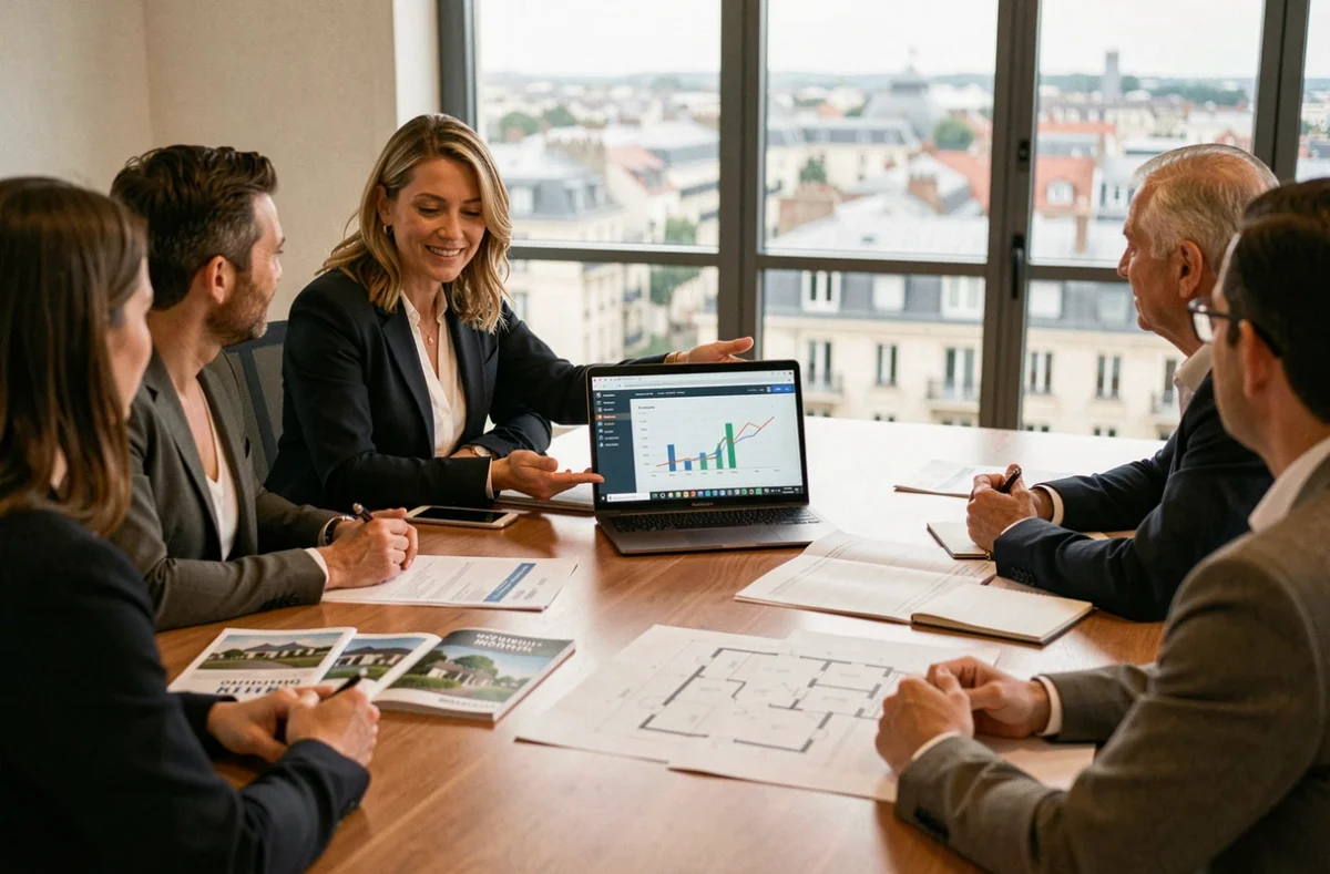 Formatrice en immobilier et gestion patrimoniale présentant une analyse de marché à des stagiaires à l'ICH Montpellier